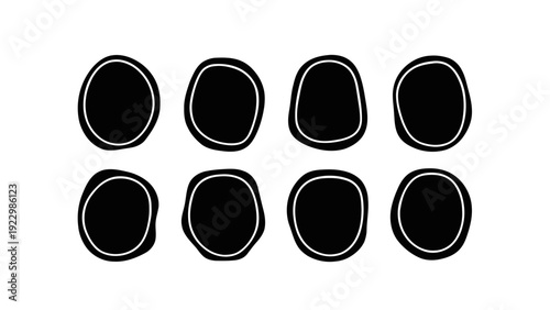 Vector illustration of set of eight abstract black organic shapes with white outline, on a transparent background