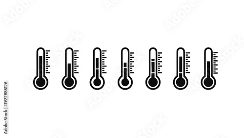 Vector illustration of set of six thermometer icons showing different temperature levels on a transparent background