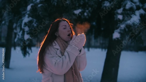 Young woman standing outdoors in snowy park during winter evening, breathing warm air into her hands and trying to keep warm in cold weather