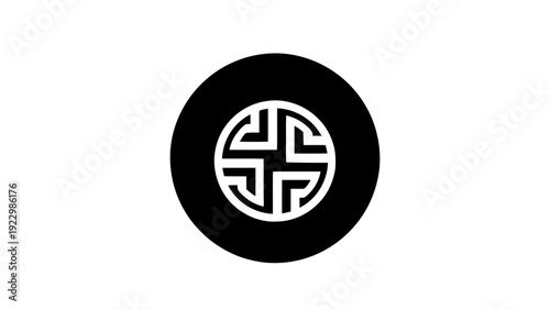 Vector illustration of black circle with white stylized swastika symbol on a transparent background
