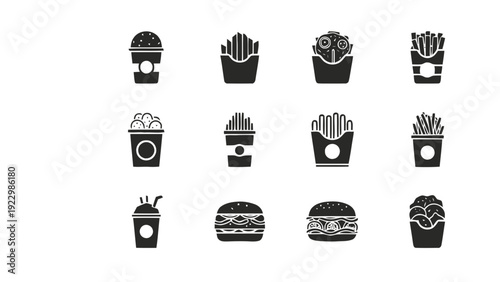 Vector illustration of set of fast food icons burgers, fries, and drinks in silhouette style on a transparent background