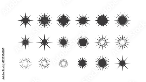 Vector illustration of set of various black starburst, sparkle, and flare icons or graphic elements on a transparent background