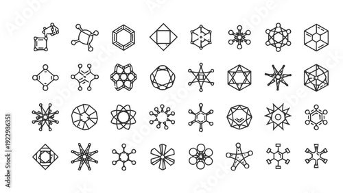 Vector illustration of set of hand drawn geometric crystal and snowflake shapes icons outline on a transparent background