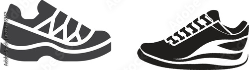 Sneakers icon. Running shoes icon Flat Vector Silhouette Shoes or Sneakers Icon Set Isolated. Footwear Icons Black and white sneakers minimalist style icon set. Vector Black and white line art vector