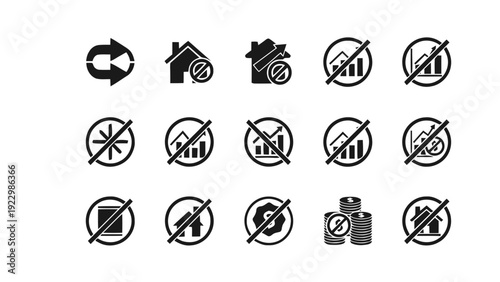 Vector illustration of set of black finance and real estate prohibition icons, on a transparent background