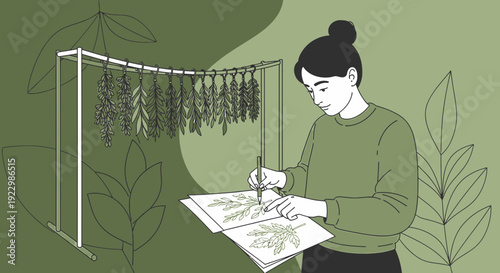 Woman Artist Drawing Dried Herbs and Plants