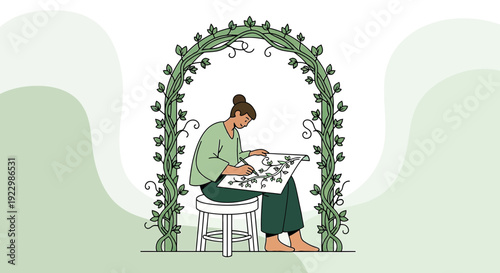 Woman Artist Drawing Floral Patterns Under Green Archway