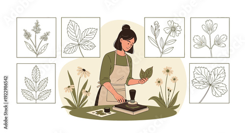 Woman Artist Creating Botanical Illustrations with Plant Stamps and Leaves