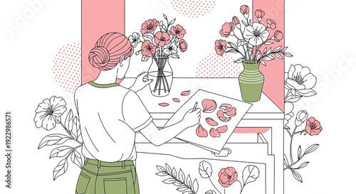 Woman Artist Drawing Flowers in Vase, Creative Hobby, Botanical Sketch