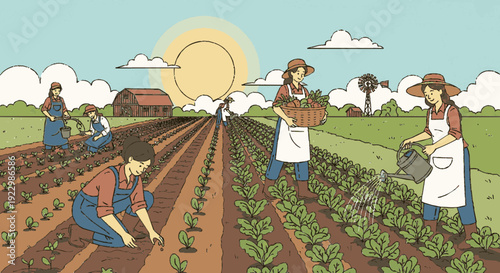 Farmers working in a field planting and watering plants at sunrise