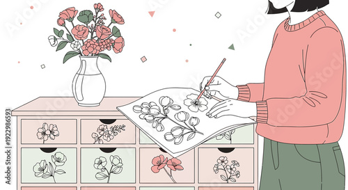 Woman Artist Drawing Flowers on Paper, Floral Art, Vase with Flowers