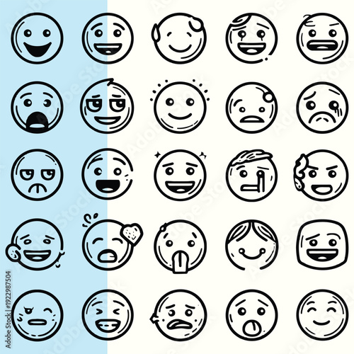 A diverse collection of expressive emoticons showcasing various emotions and facial expressions Vector, illustration