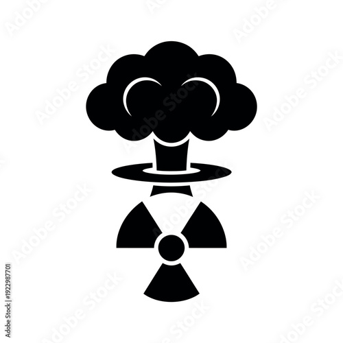 Nuclear explosion cloud hovers above the radiation hazard warning.