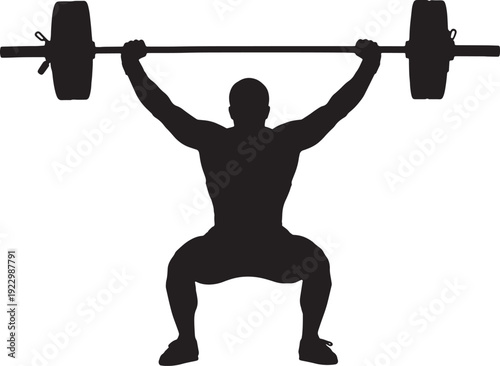 Minimalist black silhouette of weightlifter performing squat with barbell isolated on transparent background, Vector, illustration
