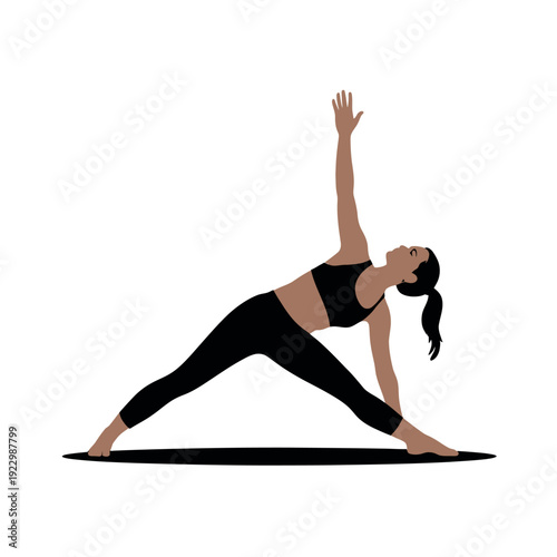 Woman performs Extended Triangle yoga pose demonstrating physical.
