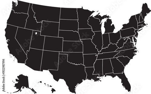 Black and white united states map outline isolated on transparent background, Vector, illustration