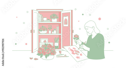 Woman Arranging Flowers and Sketching Botanical Art