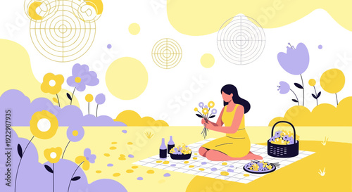 Woman Arranging Flowers at a Picnic