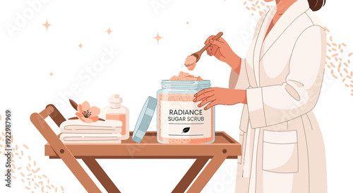 Woman applying sugar scrub for spa treatment, self-care, beauty, and wellness