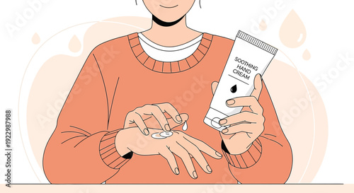 Woman applying soothing hand cream, skincare, beauty, self-care, hygiene, organic cosmetic