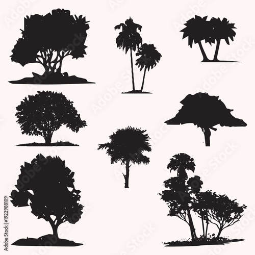 Silhouettes of various trees and plants in a natural setting Vector, illustration