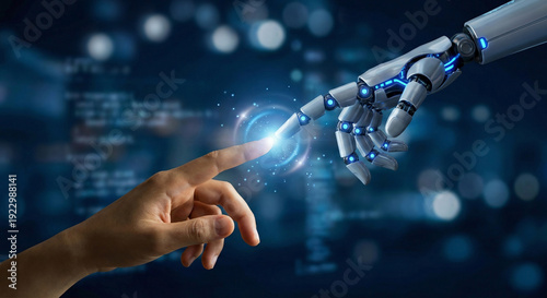 Robot hand touches human hand with index fingers. Blurred dark blue background. Human hand and robot are stretched towards each other diagonally. There is a glow at the point of contact. AI