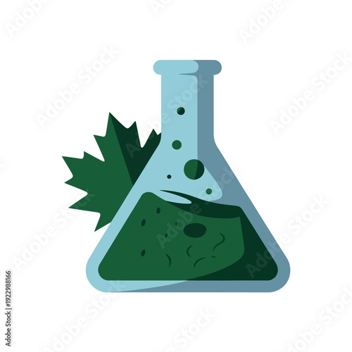 Conical flask contains green liquid and a marijuana leaf for herbal.