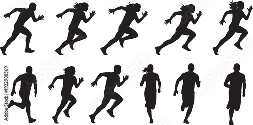 Dynamic running silhouettes in various poses isolated on transparent background, Vector, illustration