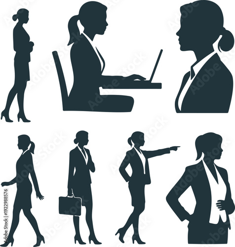Professional silhouettes of women in various business poses and activities Vector, illustration