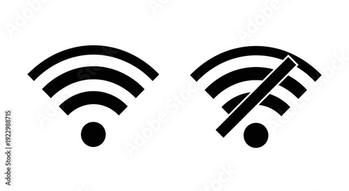 Illustration of WiFi signal icons, one active and one inactive, representing connectivity status in a digital environment from a straightforward viewpoint.