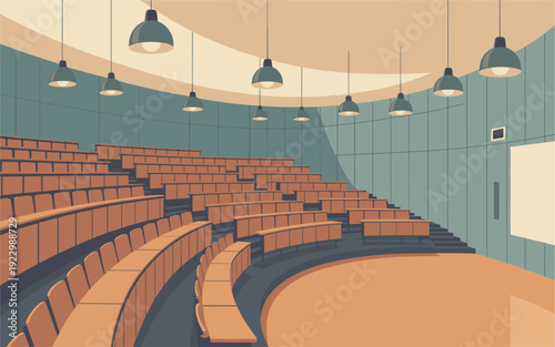 Vacant lecture hall in mid-century modern style with curved wooden seating rows, pendant lamps, and polished floor. Flat vector minimalist interior in muted warm and teal tones, isometric view.