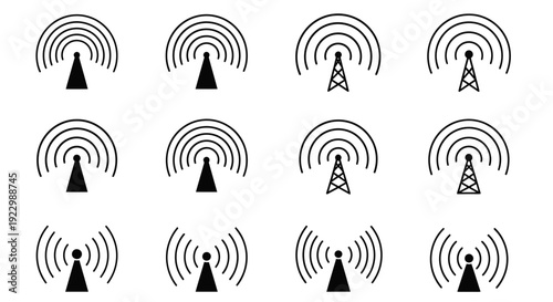 Set of black wireless signal icons with different tower designs.