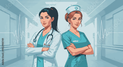 Two confident female nurses standing back to back in a hospital corridor with arms crossed