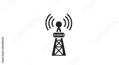 Simple black and white illustration of a communication tower emitting signal waves.