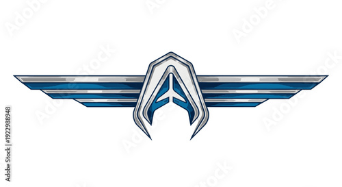 Silver and blue winged emblem with stylized letter A logo design.