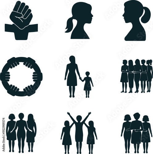 Diverse icons representing unity, family, and social movements in black silhouette style Vector, illustration