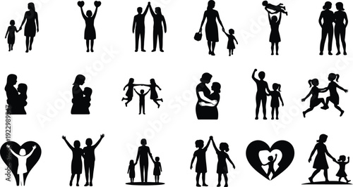 Diverse silhouettes of people engaging in various activities and emotions Vector, illustration