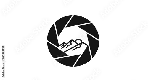 Camera Lens Icon with Mountain Landscape.