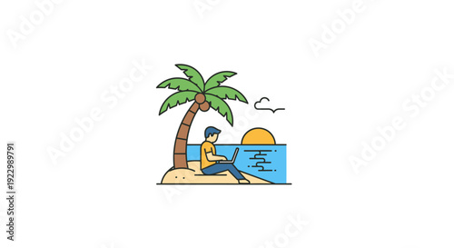 Cartoon Man Relaxing on Tropical Beach Island.