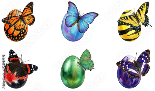 watercolor collection of colorful butterflies like monarch (danaus plexippus) resting on painted easter eggs