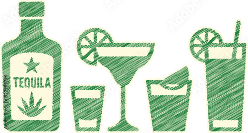 Tequila Bottle and Cocktails Vector Illustration in Green Hatch Style