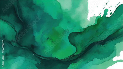 Abstract watercolor background featuring a blue world map illustration with grunge texture and artistic paint drops representing the sea and nature on a white globe