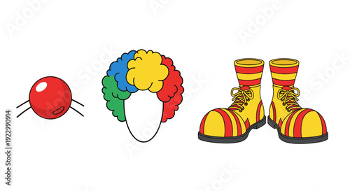 Clown accessories including red nose, colorful wig, and boots