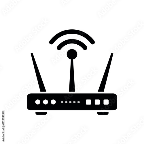Wireless router icon shows three external antennas actively broadcasting a strong Wi-Fi signal in a digital communication.