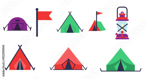 Colorful camping tent icons and symbols in various shapes