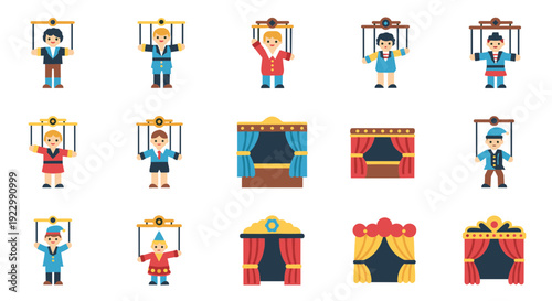 Colorful circus performers and stage icons in a vibrant pixel art style