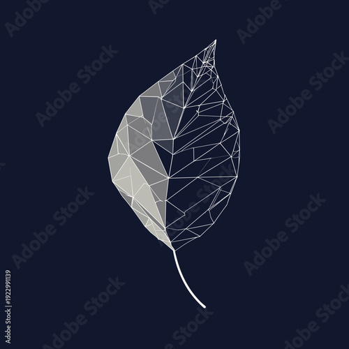 Geometric leaf in polygon wireframe style, minimalist botanical shape formed by triangular mesh on dark blue background modern vector illustration