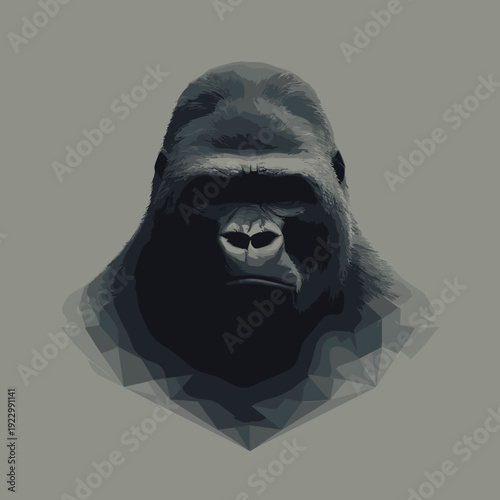 Geometric gorilla head in dark low poly style, symmetrical primate portrait with faceted polygon shapes on neutral background modern 3d illustration