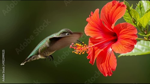 Vibrant hummingbird hovering gracefully near a bright red hibiscus flower in a lush tropical garden capturing nature s beauty and delicate pollination process