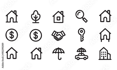 Hand drawn real estate icons collection featuring house search and property insurance line symbols